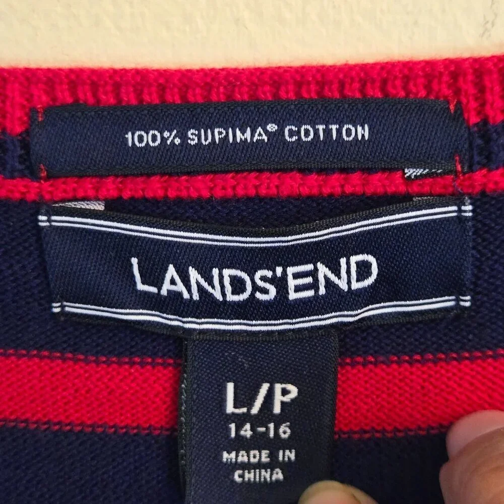 Lands' End Navy Red Striped Supima Cotton Nautical Cardigan Sweater Size L
